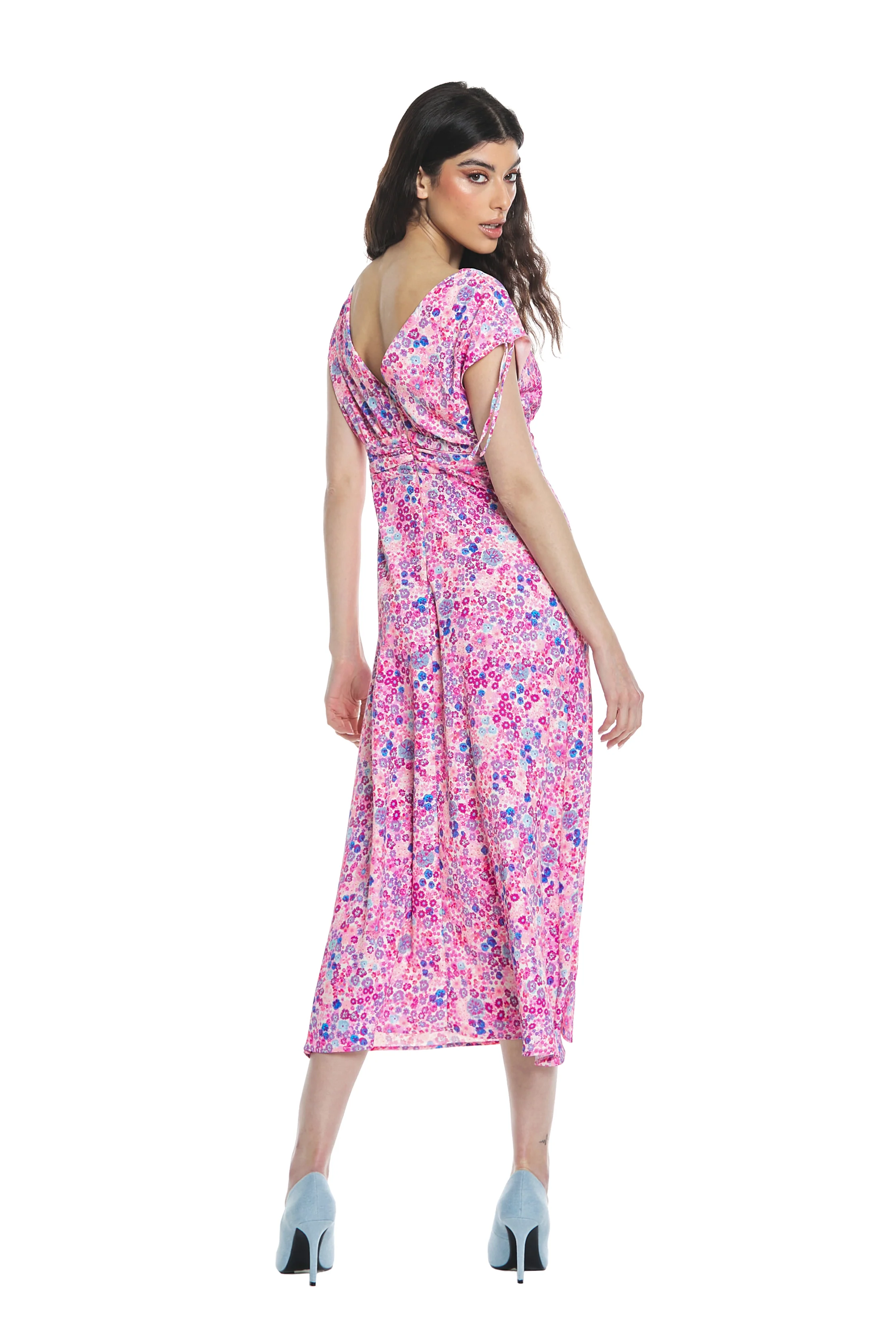 Abito GHAZI midi senza manica con coulisse doppio scollo v con pieghe fantasia  fiori - Image 3