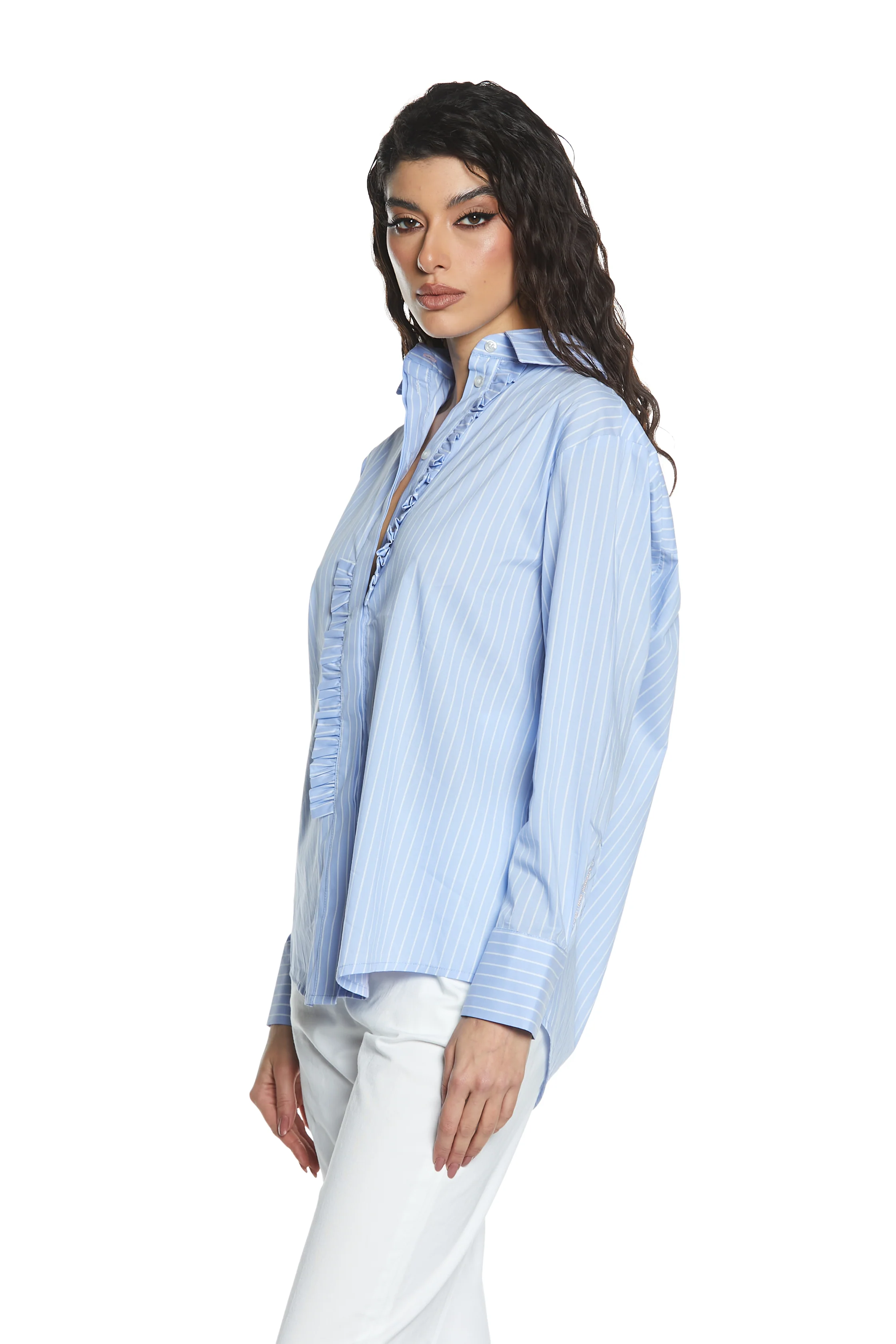 Camicia ARTEMIDES manica lunga con rouches fintone più ricamo logo righe - Image 3
