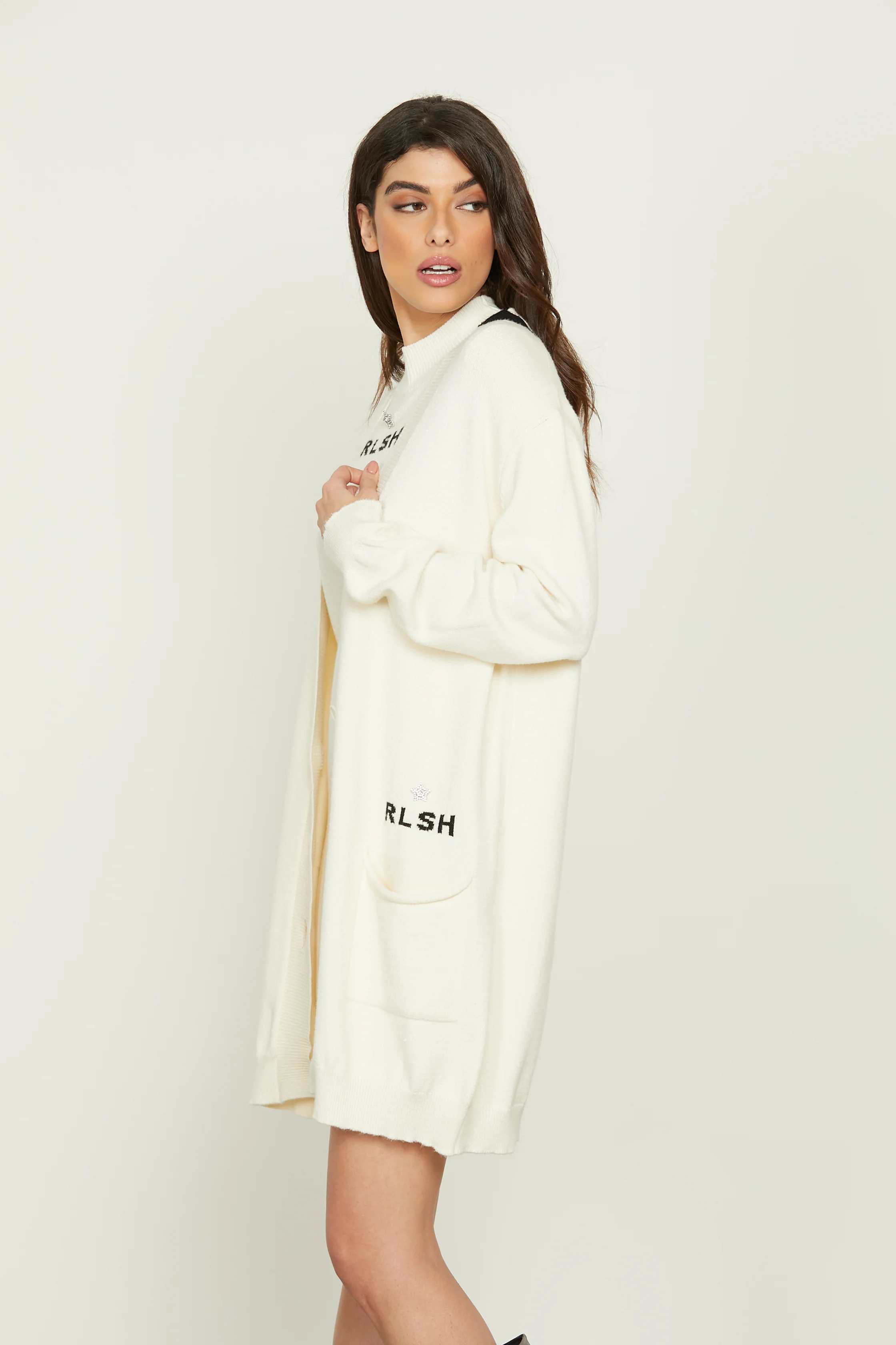 Cardigan LIBIA lungo manica lunga con tasche più jacquard logo più stella strass - Image 3