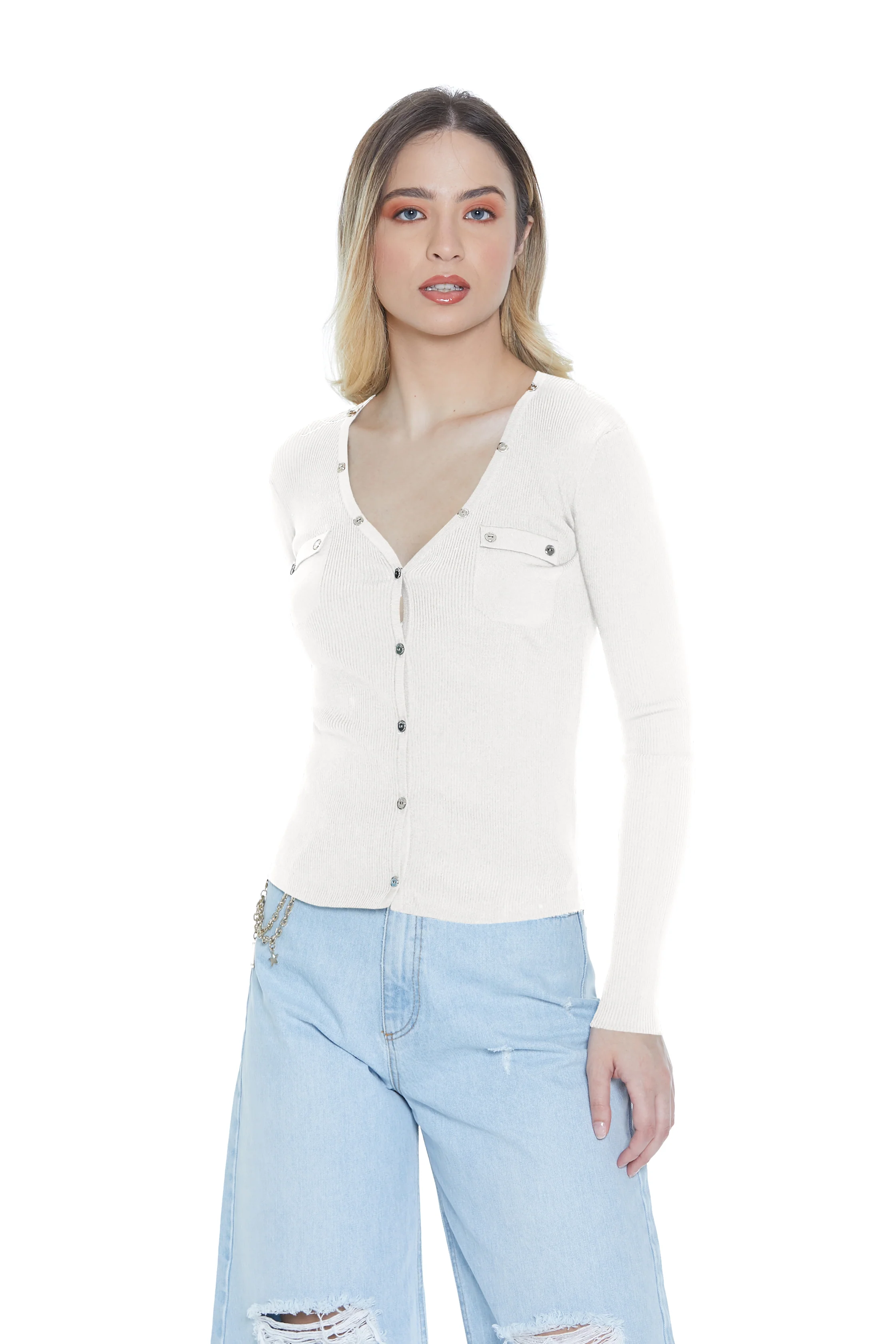 Cardigan MARKAB manica lunga con patte più bottoni costina - Image 4