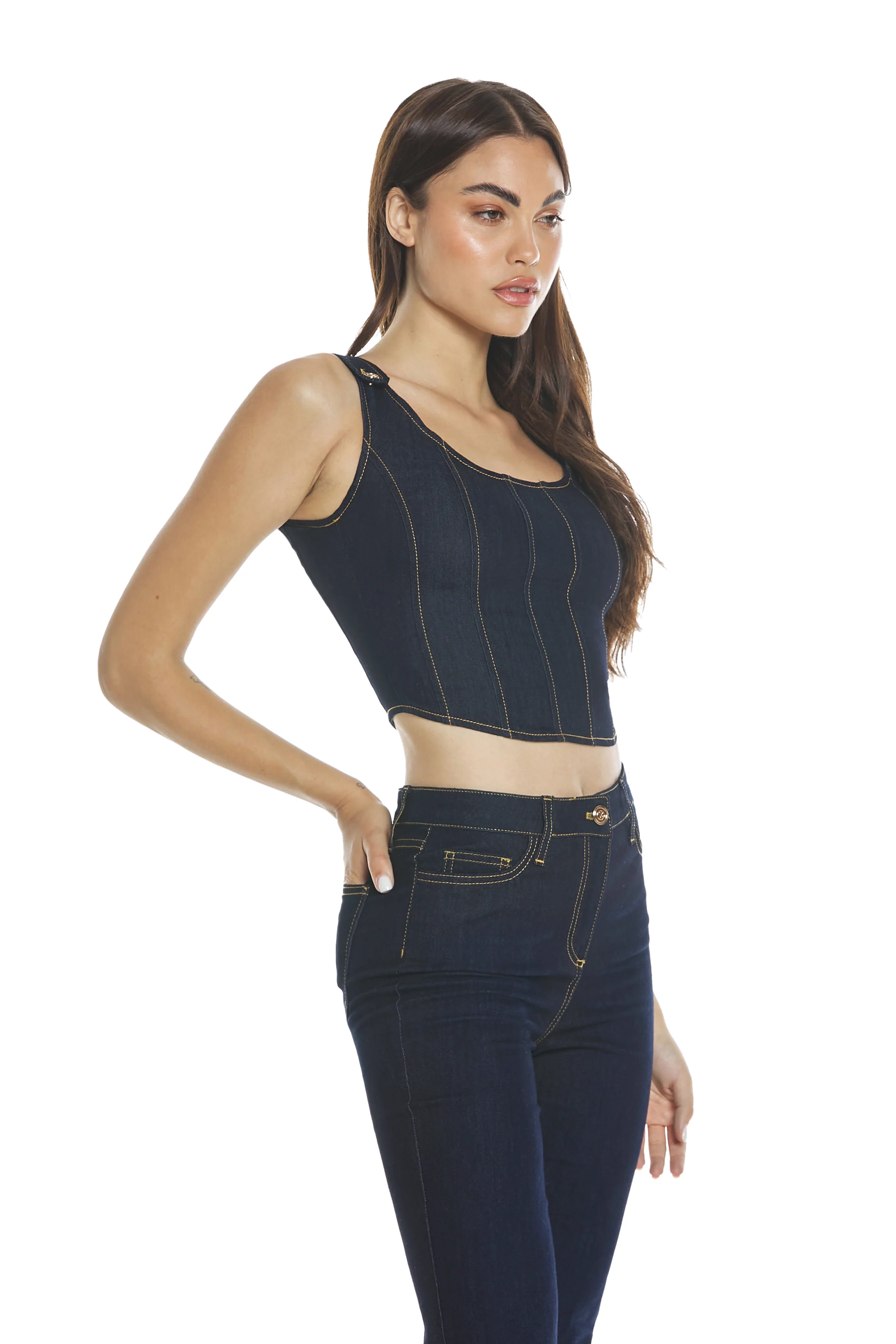 Top BJORN bustino con tagli più alamari più zip denim - Image 3